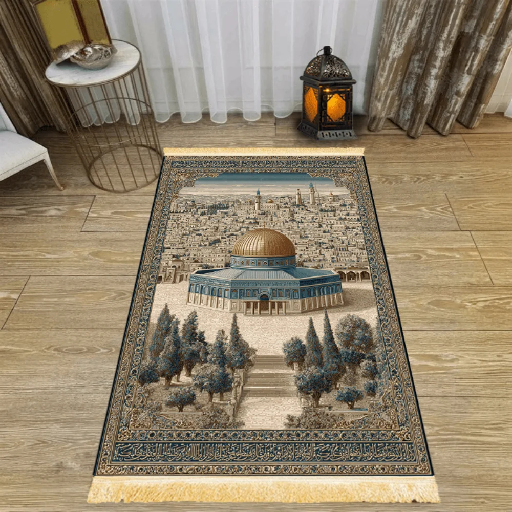 VIKAMA Islamic Prayer Rug Mat, Retro Mosque Design Washable Travel Foldable Muslim Salah Carpet, Portable Spiritual Gift for Eid