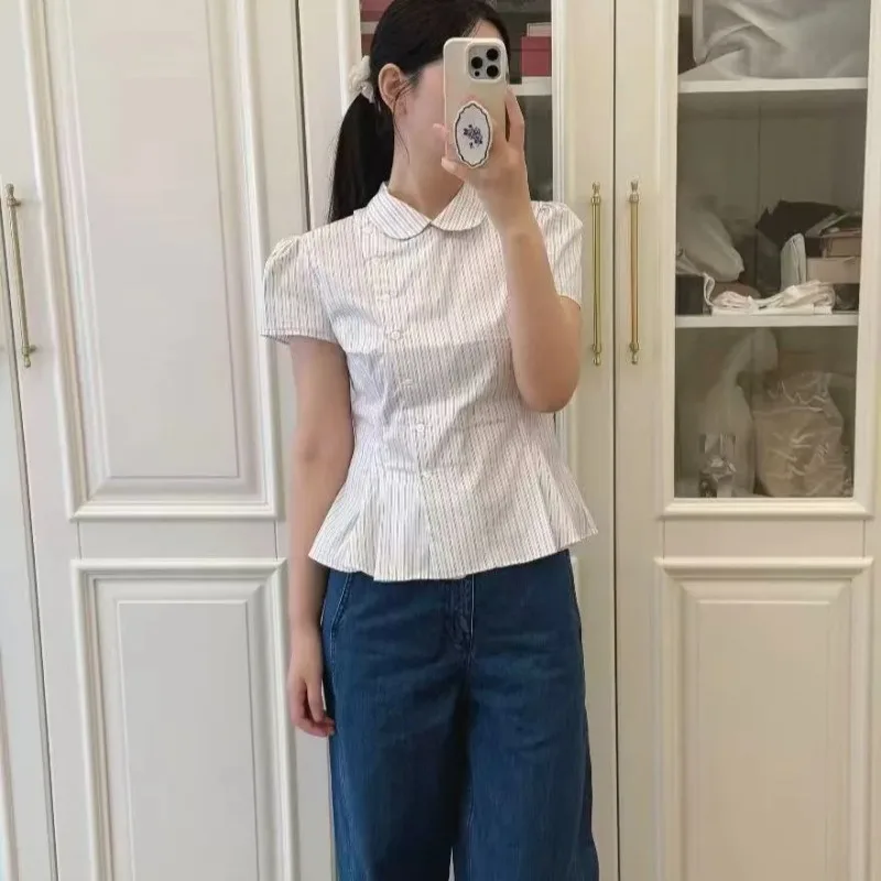 Spring Summer New Women Striped Poplin Blouse Collar Short Sleeve Slim Shirt For Border European American Market