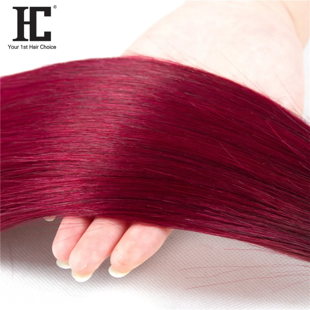 HC Ombre บราซิลผมสาน3ชุดกับ4X4สีแดง1B/Burgundy Remy ผมตรงรวมกลุ่มกับลูกไม้ปิด