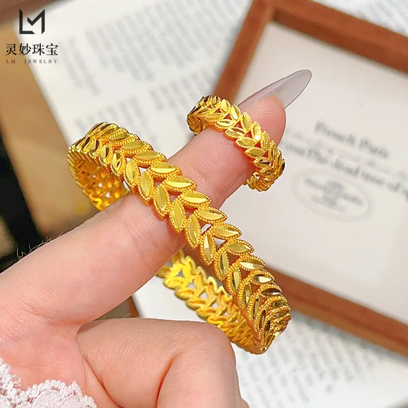

9999 24K real gold shiny barley buckle bracelet ring hollow barley bracelet exquisite gift for girlfriend