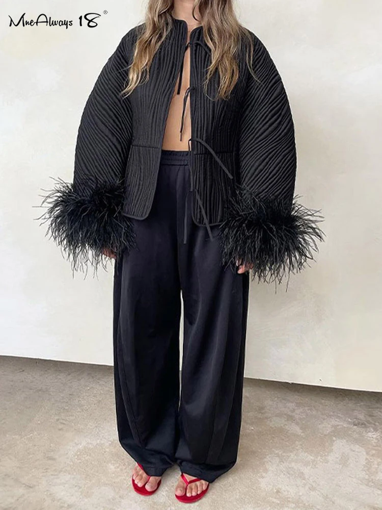 Mnealways18 Black Fashion Feather Cuffs Outwear Elegant Lace-Up Pleated Casual O-Neck Jackets Spring 2025 Oversize Office Ladies