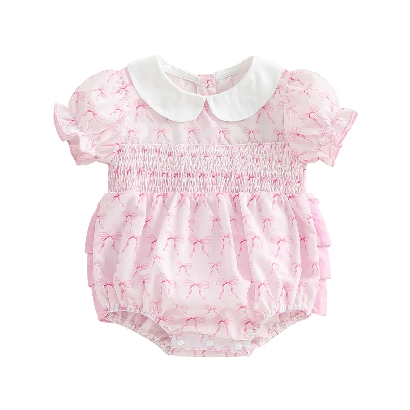 

Newborn Baby Girl Summer Clothes Smocked Bubble Romper Short Sleeve Peter Pan Collar Bodysuit Cute Baby Girl Clothes