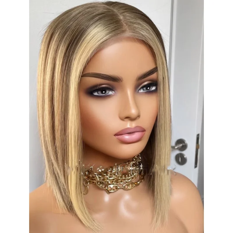 オンブレライトブロンドウィッグ（ダークルート）16インチ肩丈合成レースフロントウィッグ耐熱ファイバー日常＆コスプレウィッグ