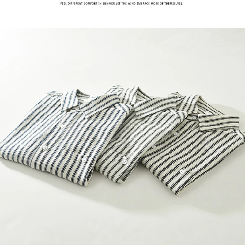 2024 Spring Summer New Pure Cotton Simple Casual Short Sleeve Shirts Men Clothing Striped Thin Comfortable Streetwear CM8023