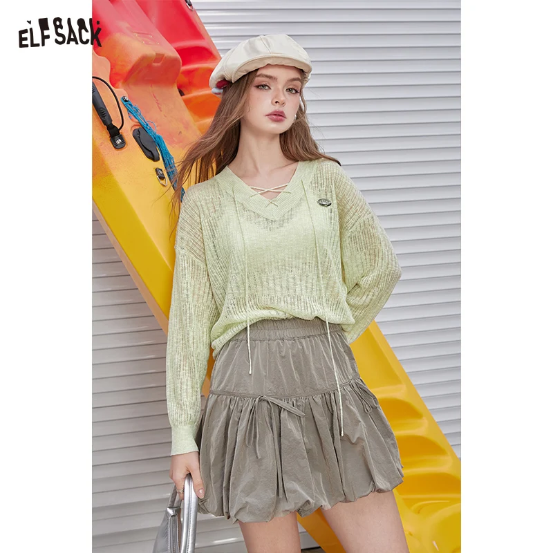 ELFSACK 2024 Summer New Arrivals V-neck hollowed out breathable knitted shirt for women, lazy chiffon cover shirt, air-condition