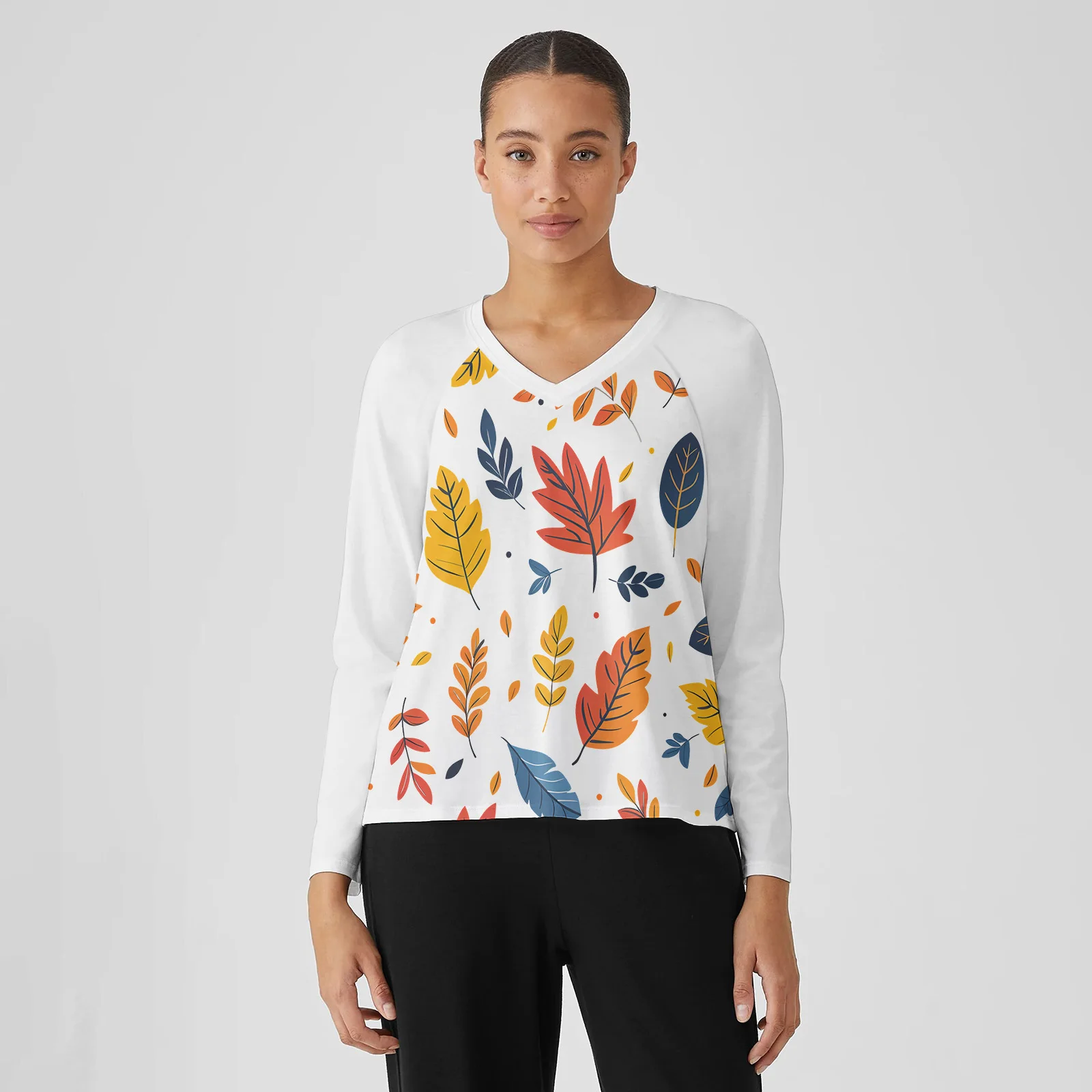 

Fseonihk White Long Sleeved T-shirt for Women in Spring and Autumn 2024, New Printed Loose V-neck Base Shirt, Pure Cotton Top