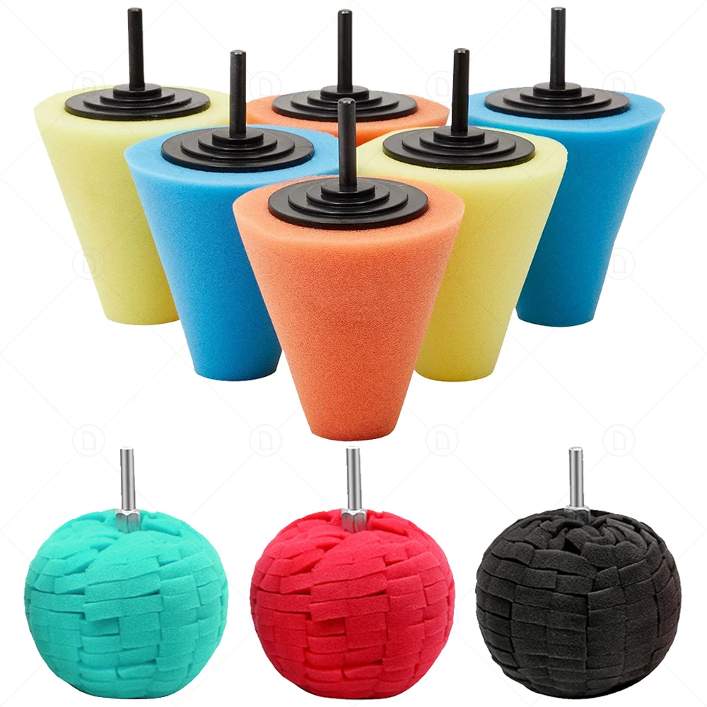 Drill Buffing Sponge Pads Polishing Cone Sponge Ball Burnishing Kit For Automotive Car Wheels Hub Care Metal Plastic Glass