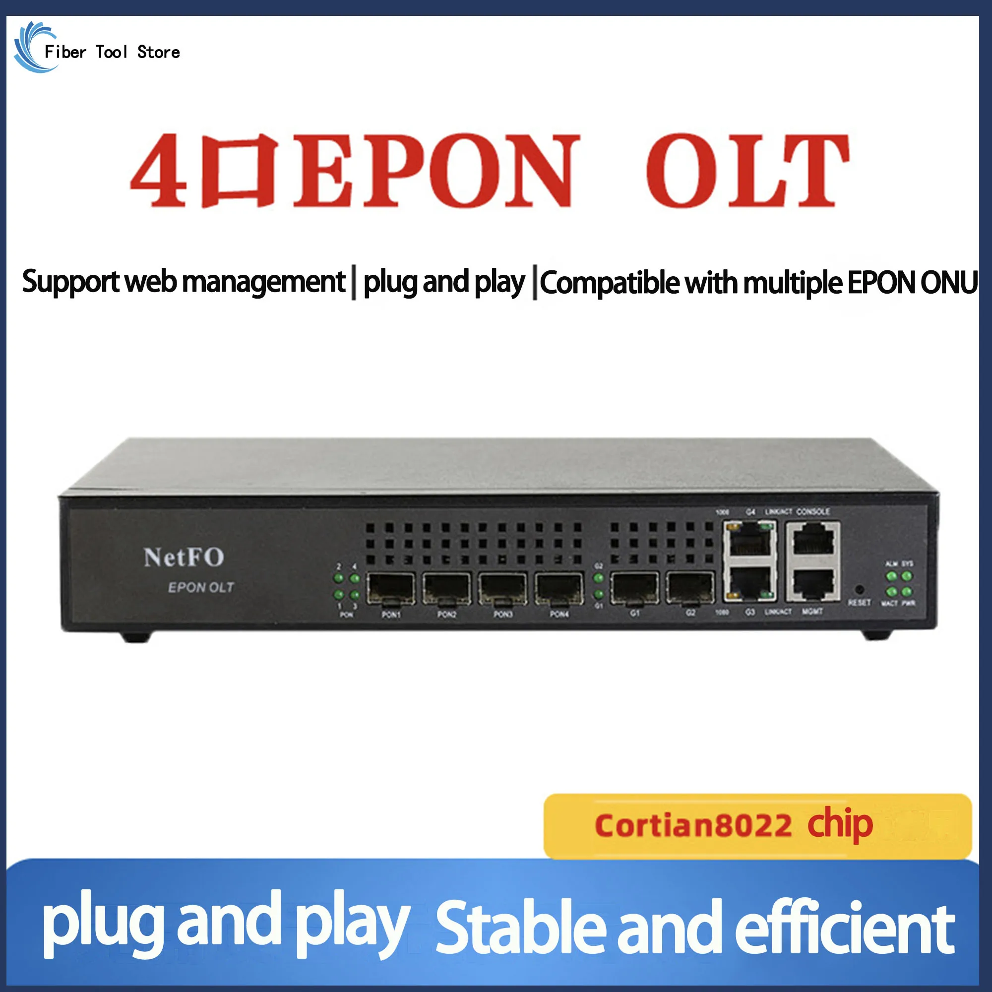 Pequeno EPON OLT Dispositivo de Fibra Óptica, Plug and Play, Registro Automático Estável, 4 Port, NF5804