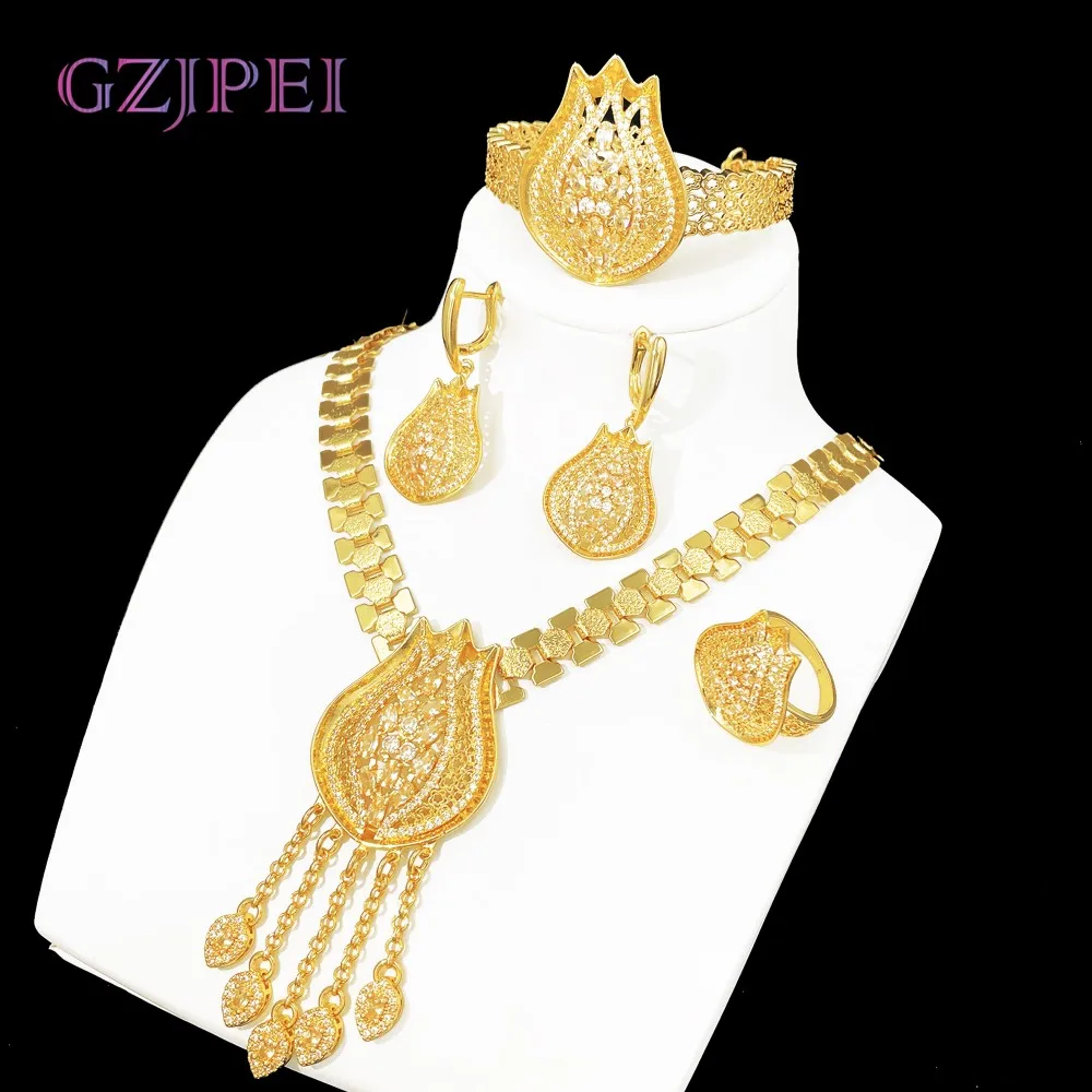 GZJPEI Dubai Gold Color Hollow Jewelry Set Shiny White Zircon Tassel Necklace Bracelet Earring Ring 4Pcs/Set Wedding Jewellery