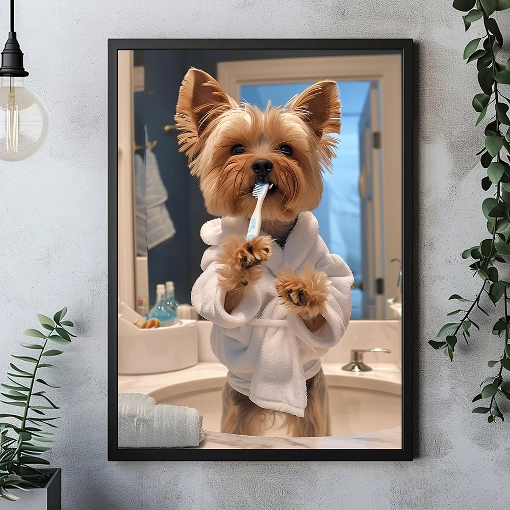 Terrier Yorkie Dog Brushing Teeth in Dressing Gown Poster Bath Robe Toilet Print Wall Art Picture Canvas Painting Bathroom Decor