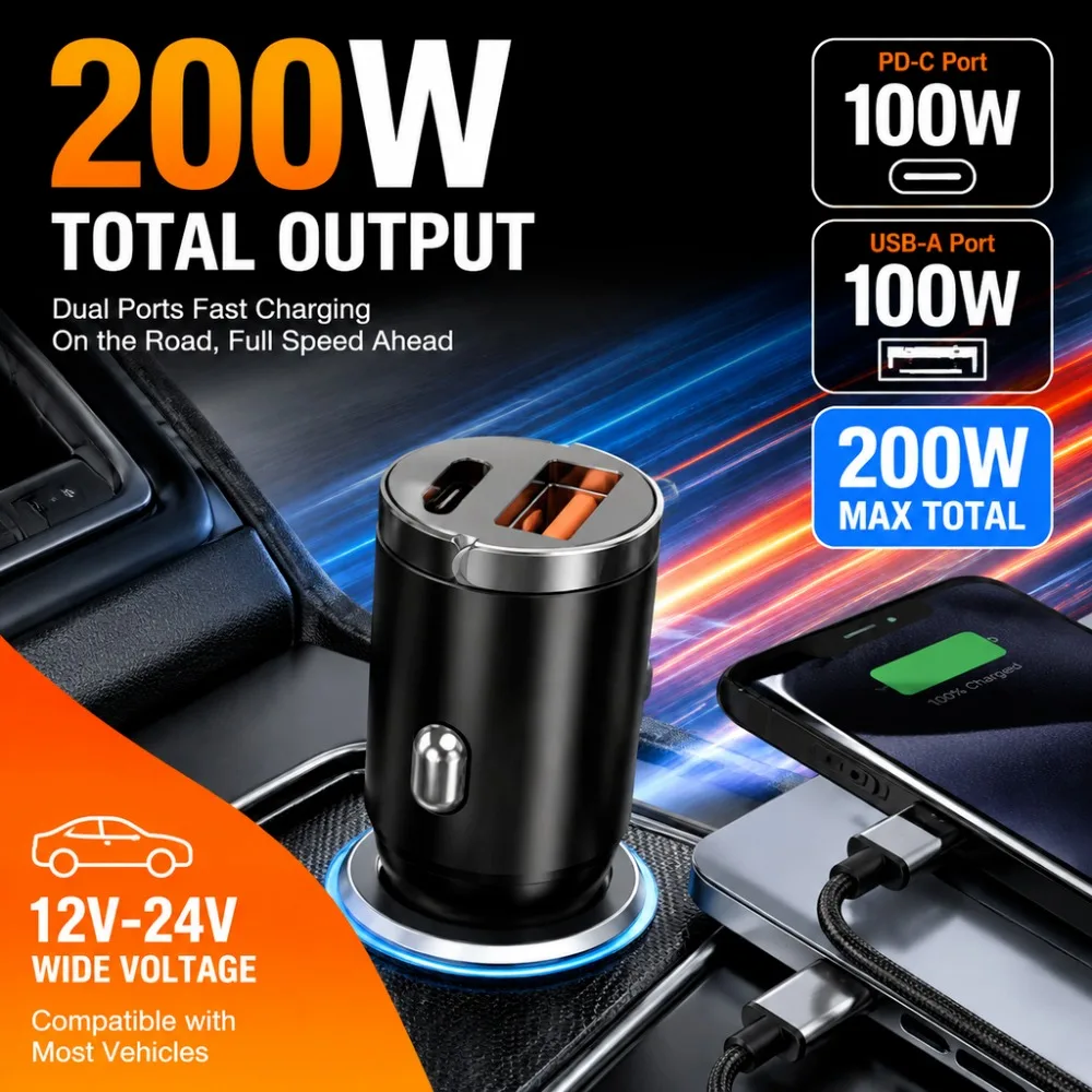 200W Car Charger PD100W QC100W Dual Port USB C USB A Fast Charging Adapter PD3.0 PPS QC4.0 SCP For iPhone Huawei Samsung Android