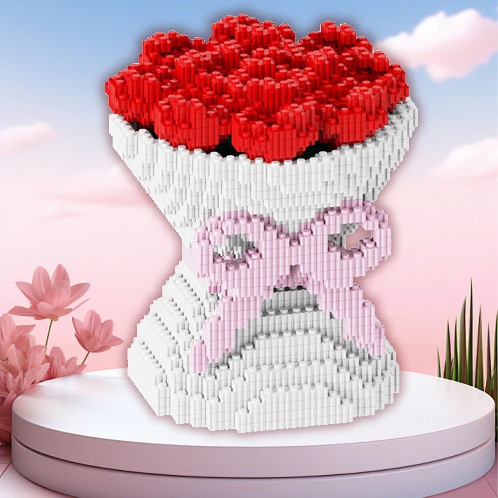 Romantic Valentine's Day Gift Never Wither Red Rose Bouquet Small Particles Building Blocks DIY Puzzle Boys and Girls Series