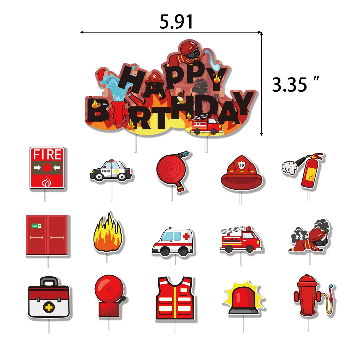 Cake Topper Flags Fire Truck Firefighter Happy Birthday Ambulance Cupcake Topper Baby Shower Party Dessert Baking Supplies Decor