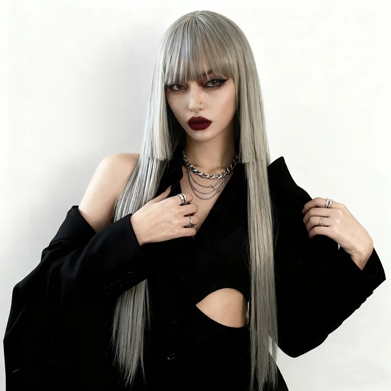 New Long Straight Hair with Bangs Women's Wig, Fashionable for Outdoor Parties, High Temperature Wire Head-Wearing Synthetic Wig