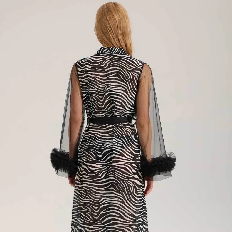 New Women's Cross-Border European & American Lace Robe Long-Sleeved Zebra-Print Pearl Chiffon Long Nightgown Homewear Nightdress