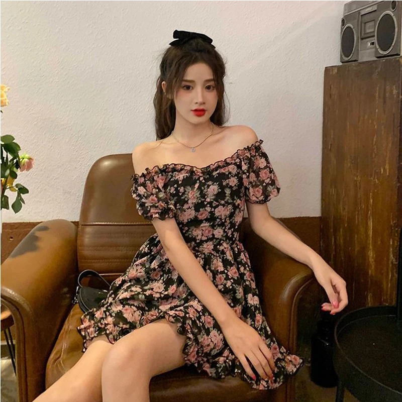 Vestido sin hombros para mujer, minifalda Y2K con estampado Floral, Espalda descubierta, flores, playa, una pieza, coreano, Kpop