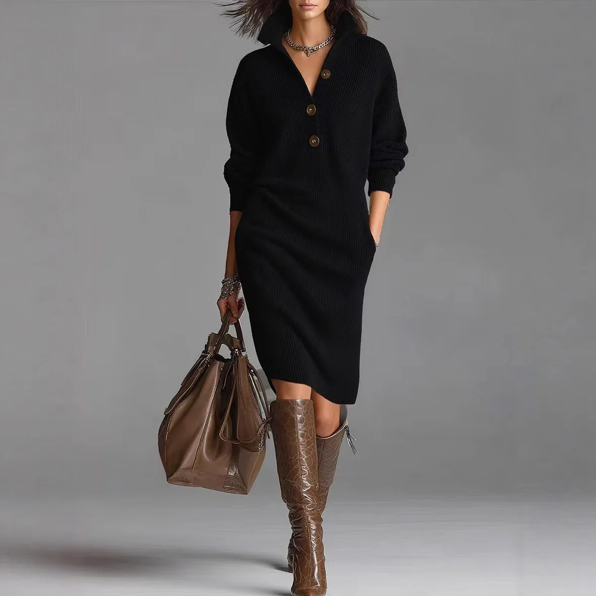 

New Autumn and Winter Lazy Wind Over The Knee Sweater Dress Women's Long Loose Tall Solid Color Knitted Sweater