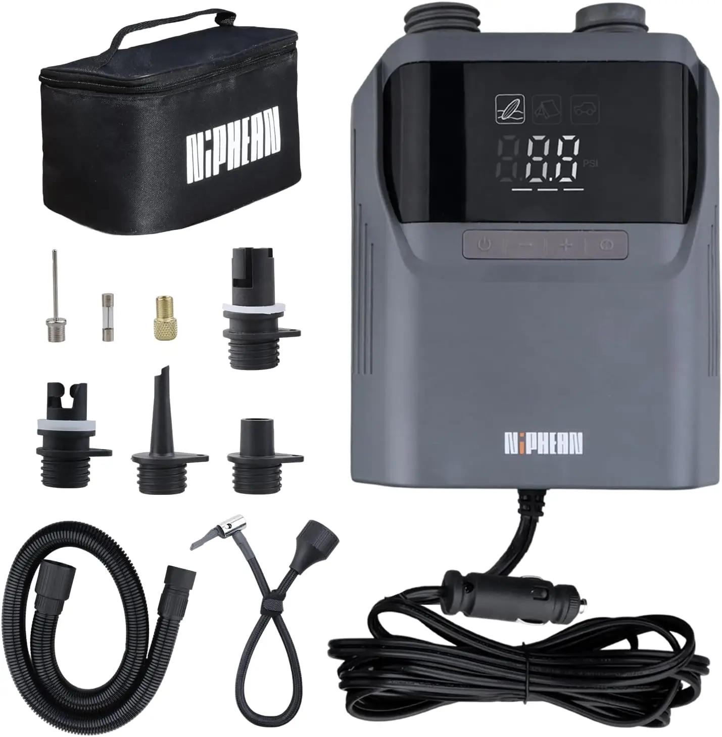 

Electric Air Pump 50PSI for Inflatables, SUP, Tires, Auto-Off with 118'' Cable & Nozzles