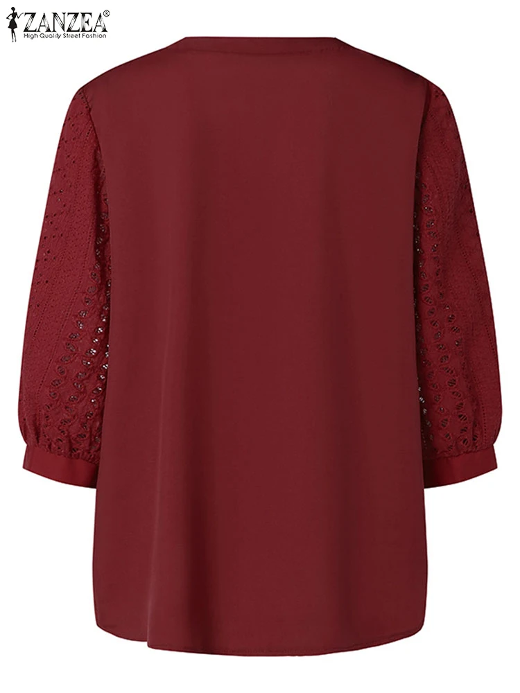 ZANZEA แฟชั่น Openwork เย็บปักถักร้อยเสื้อสตรีฤดูร้อนหลวม V คอ 3/4 แขนเสื้อถักโครเชต์ลูกไม้ Chemise Femme สบายๆเสื้อ
