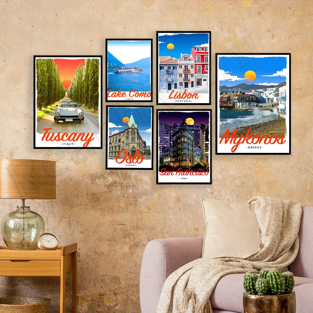 Japón, Nilo Egipto, Eslovenia, Ljubljana, Polonia, Italia, Grecia Santorini, Mykonos, Noruega, San Francisco, Lisboa cartel de viaje