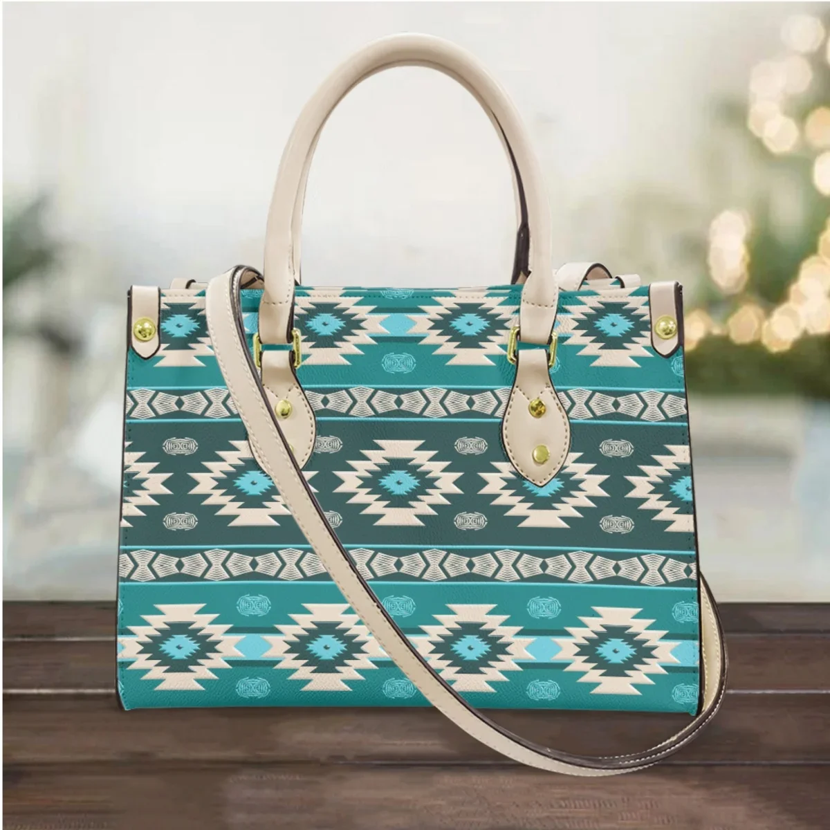 Teal Southwestern Navajo Design Pattern Women's Handbags Luxury PU Leather Girls Tote Shoulder Bags Woman Casual Fashion Bolsa