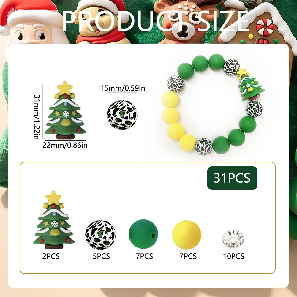 31/55-teiliges Weihnachts-Silikonperlen-Set für DIY-Halsketten, Armbänder, Dekorationen, Stifte, Schmuckanhänger usw. Geburtstagsgeschenk für die Feiertage – Detail 8