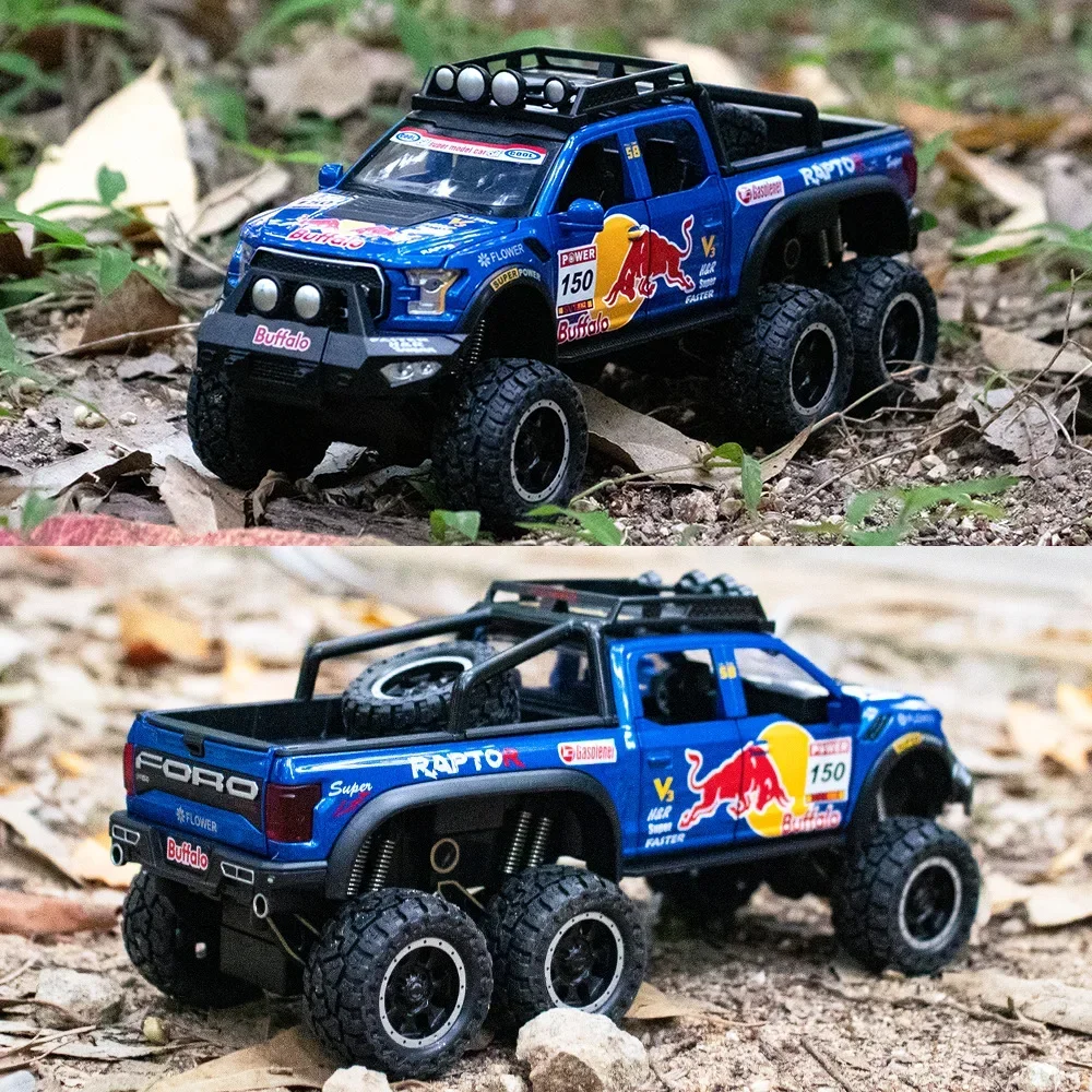 1:28 Grande RUOTA Ford F150 6x6 fuoristrada Pressofuso in lega di metallo Modello Tirare indietro Suono Luce Auto Collezione regalo per bambini A440