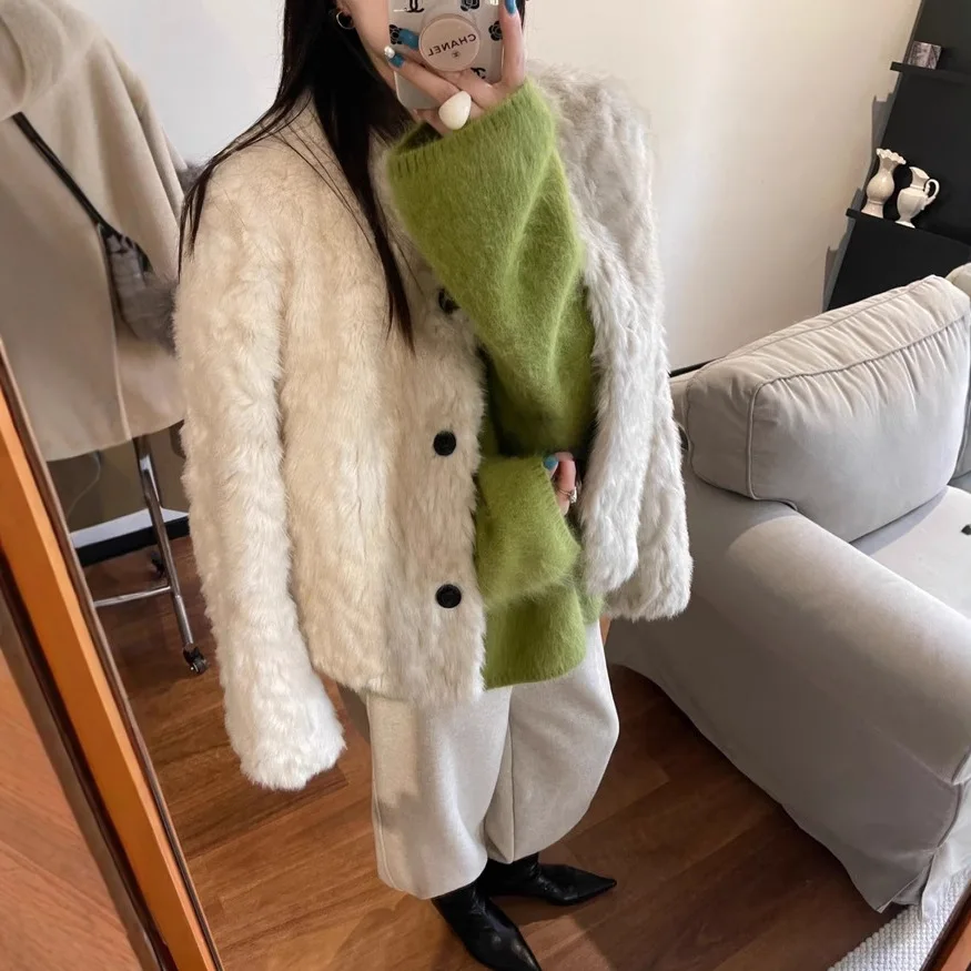 Women Faux Shearling Fur Coats Solid Fur Jackets Cotton Linen V Neck Long Sleeves Single Breasted Loose Fit Casual 2026 Winter