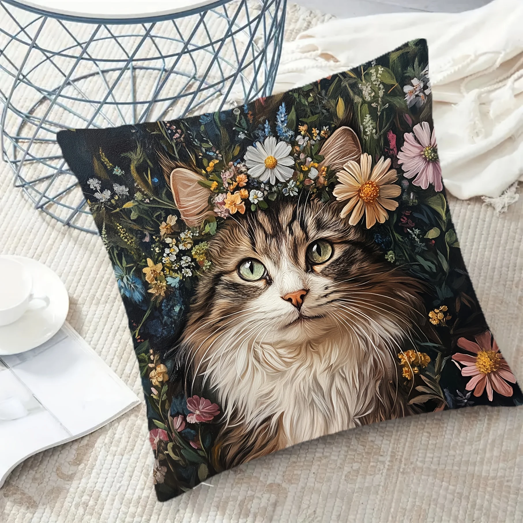 Decorative Cat Floral Pillowcase Cushion Throw for Bedroom Home Decor Botanical Print Cottagecore Style Pet Lover Art 40x40cm Sq