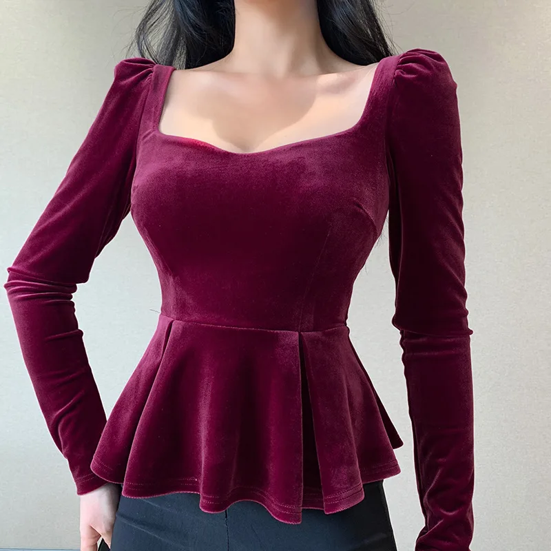 Slim-fit Temperament Top Fashion Square Neck Hem Long-sleeved Top Velvet Puff Sleeve Tight-fitting Ladies T-shirt Sexy Ladies