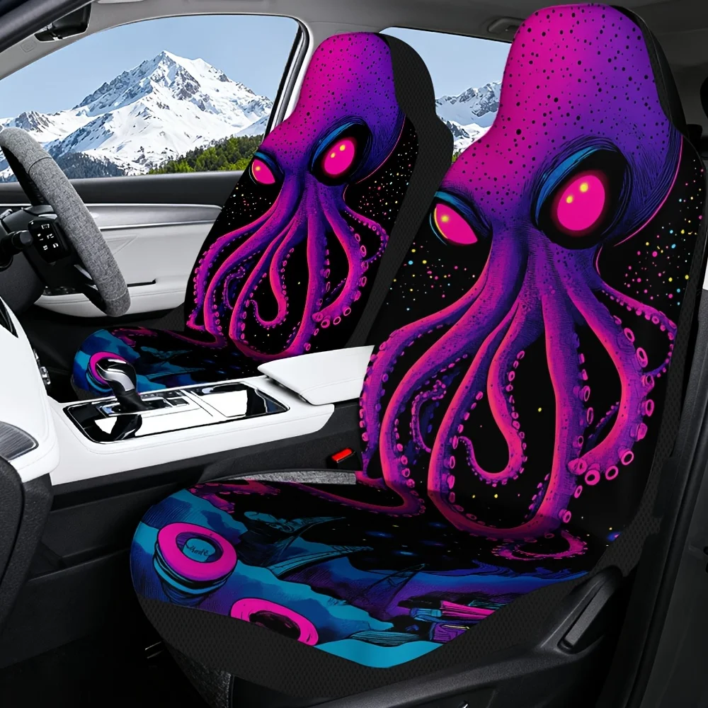 2pcs Car Seat Covers Set, Cosmic Neon Octopus Print, Premium Vehicle Seat Covers. Stylish Design Fits Daily Commutes, Weekend G