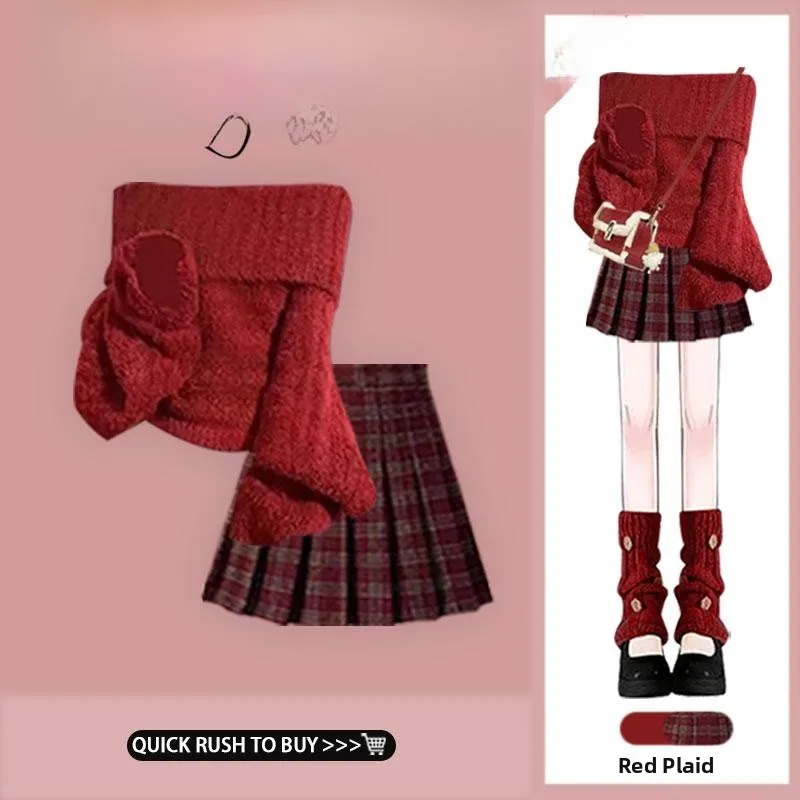 

Ankela Red One-oulder Knitwear Women's Autumn Winter Turn-down Collar Sweater Top with Plaid Skirt Set Vintage Sle