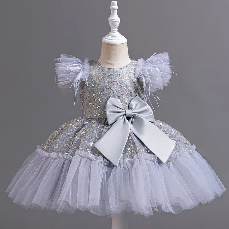 Summer New Girl\'s Sequin Flying Sleeves Big Bow Mesh Spliced Dress Birthday Party Wedding Flower Girl Princess Dress