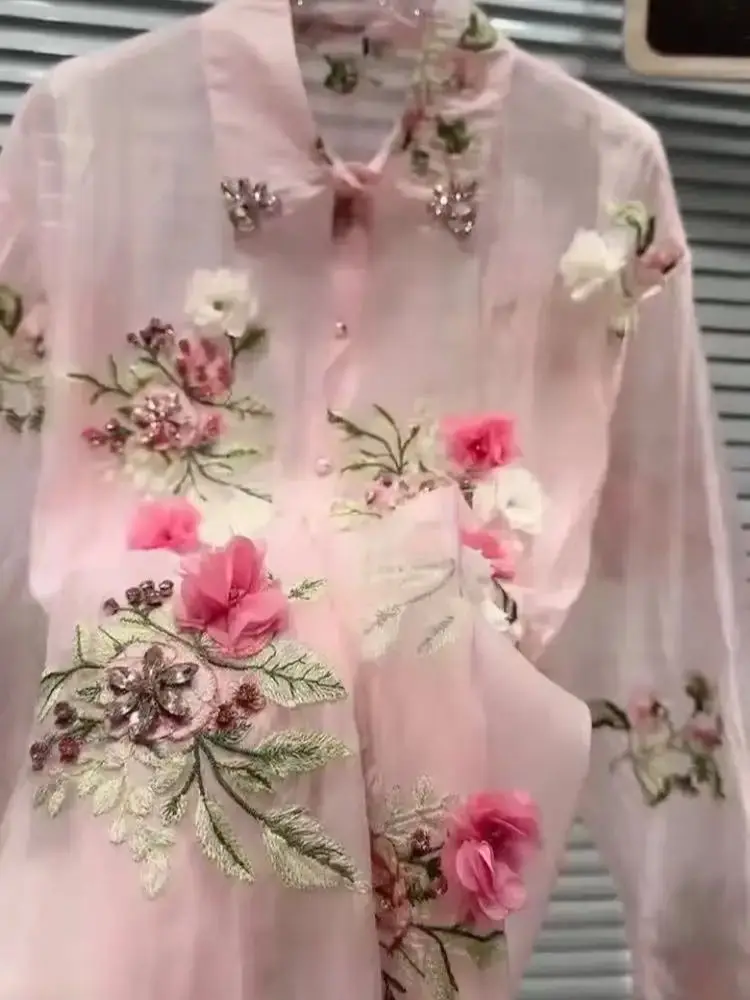 

High-end Exquisite Embroidery Diamonds Stitch Sunscreen Pink Shirts Blouses Woman Holiday Clothing Tops korean Popular Clothes