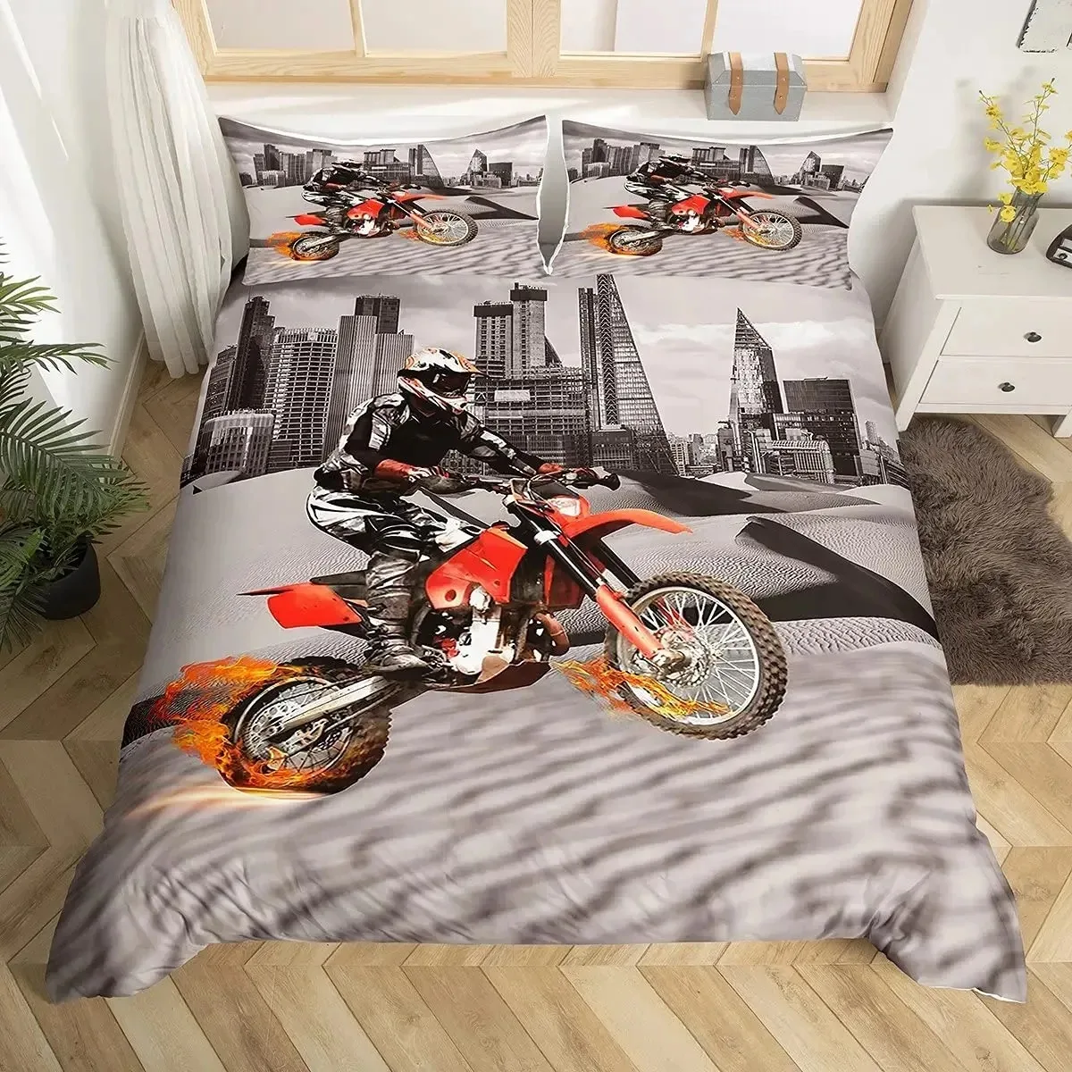 Dirt Bike Duvet Cover Set,Sports Biker Motocross Racing Moves Theme Bedding Sets,Youth Cool Teen Boys Comforter Cover Set