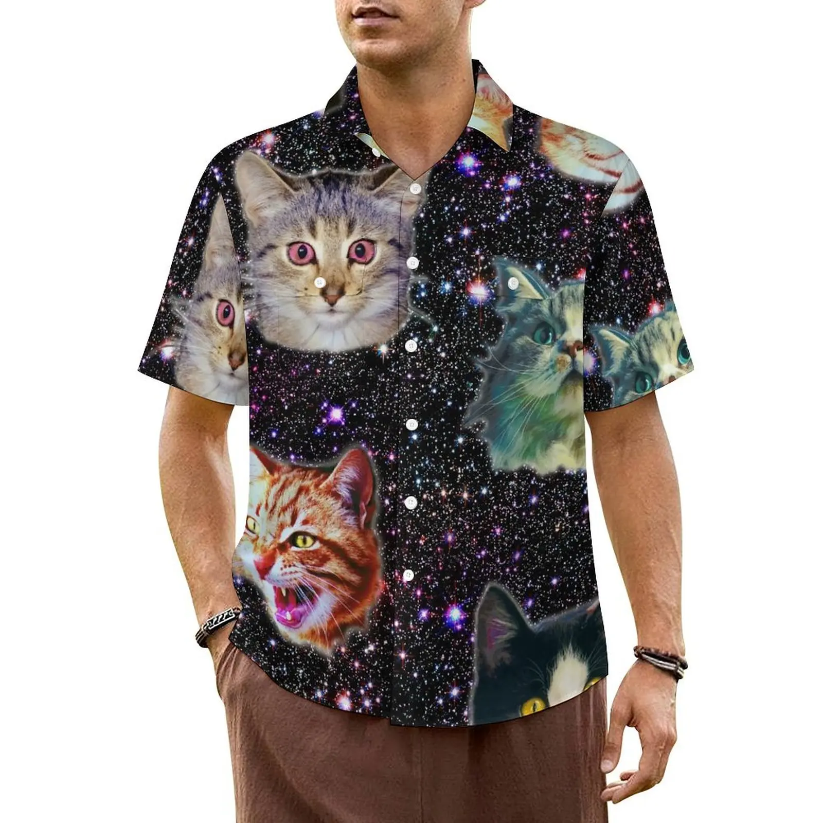 

Cats in Outer Space Hawaiian Shirt For Mens Beach Funny Galaxy Print Casual Shirts Short Sleeve Y2K Funny Cool Plus Size Blouses