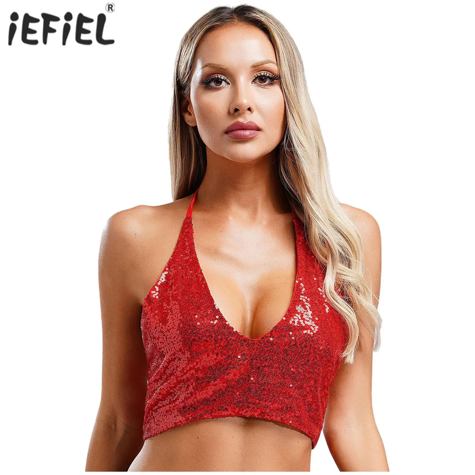 Womens Shiny Sequin Halter Vest Clubwear Deep V Neck Backless Back Lace-up Fully Lining Tank Top Rave Party Carnivals Costumes