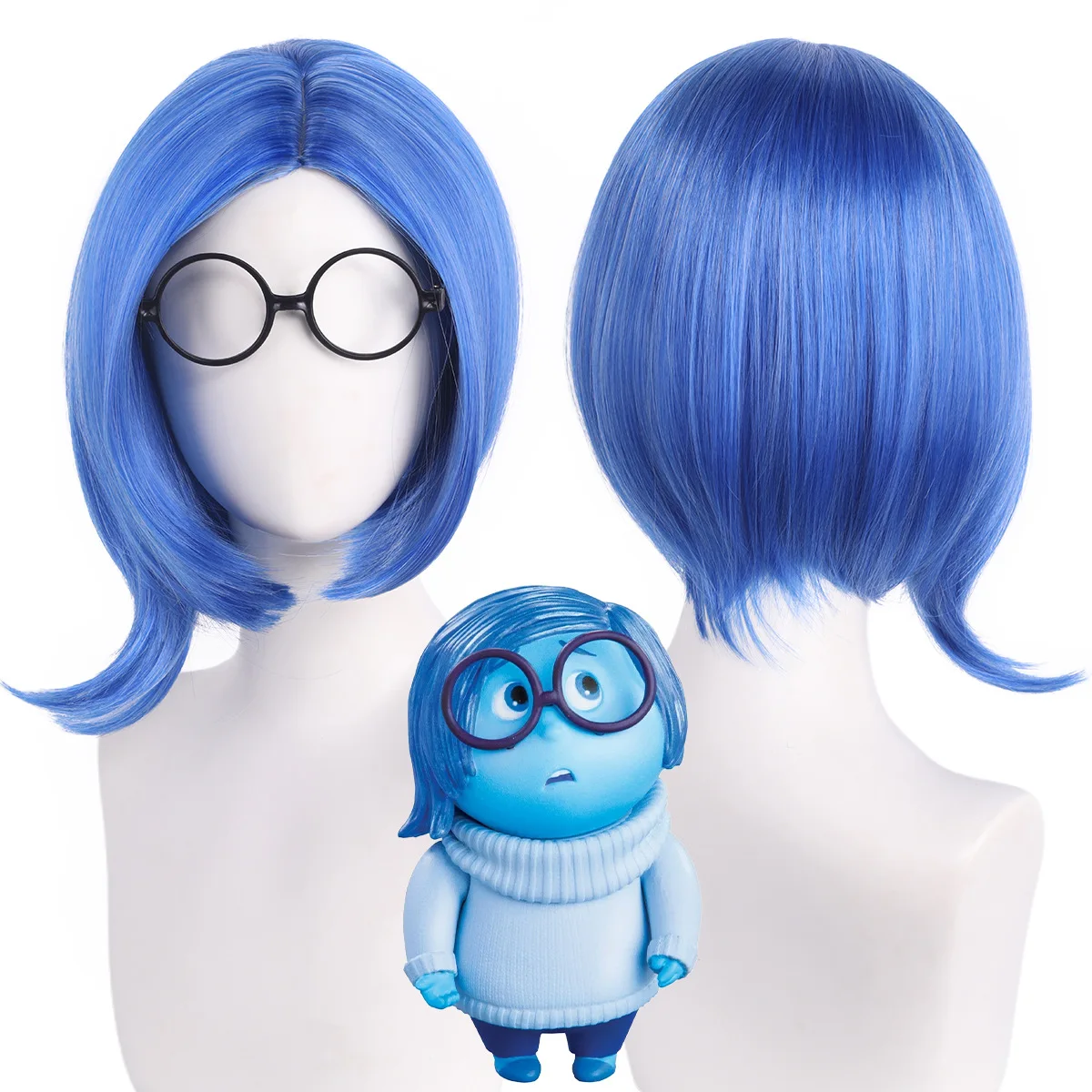 Synthetic Cosplay Wig Inspired By Blue-Sadness Character, Short Fluffy Bob with Half Flip, Anime Party Roleplay Hair
