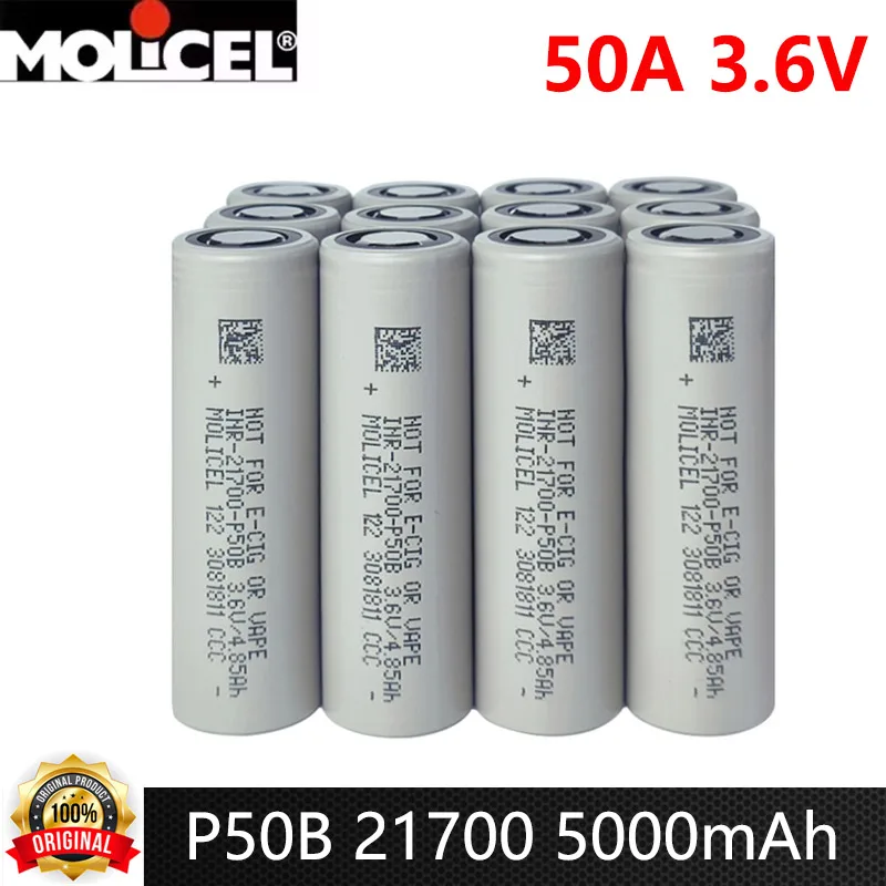 Batería Original Molicel P50B INR 21700, batería de iones de litio de alta potencia 50A, 5000mAh, 3,7 V, batería recargable 21700, celda superior plana