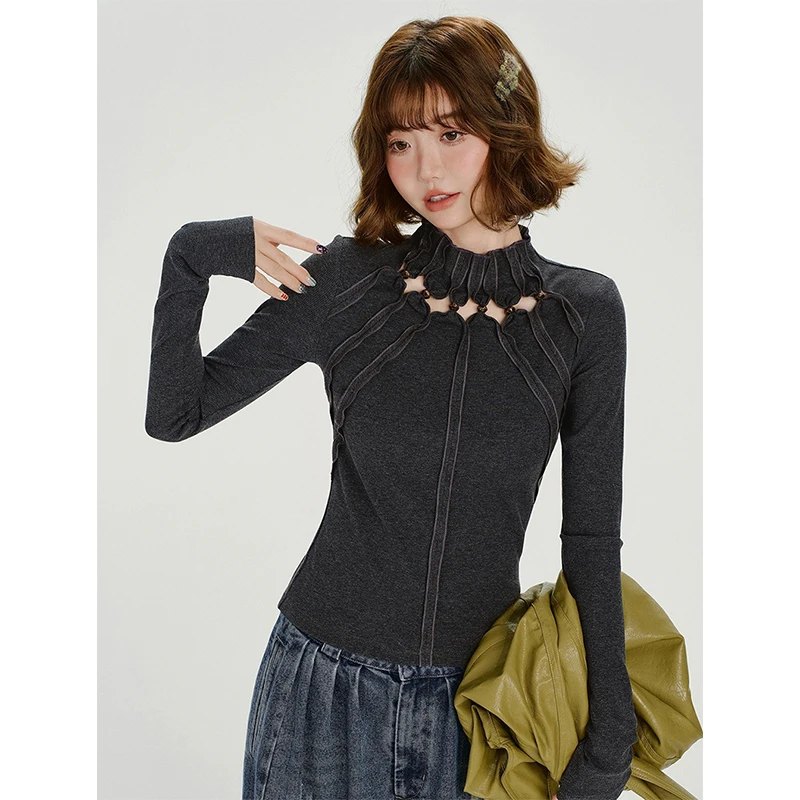 MEXZT Y2K Scava Fuori T Camicette Donne Streetwear Patchwork Crop Magliette Autunno Moda Harajuku Grunge Estetica Manica Lunga Magliette Nuovo