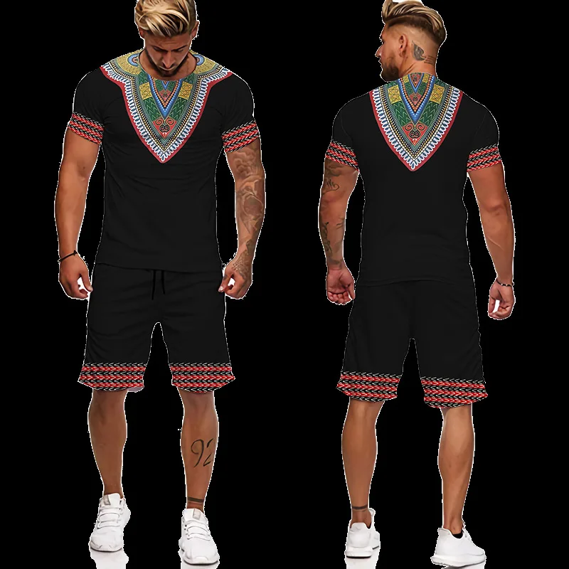 Summer African Ethnic Style Print Men\'s T Shirt+Shorts 2PCS Outfits Casual Shorts Sets 3D Oversized Man Clothes O-Neck Tracksuit