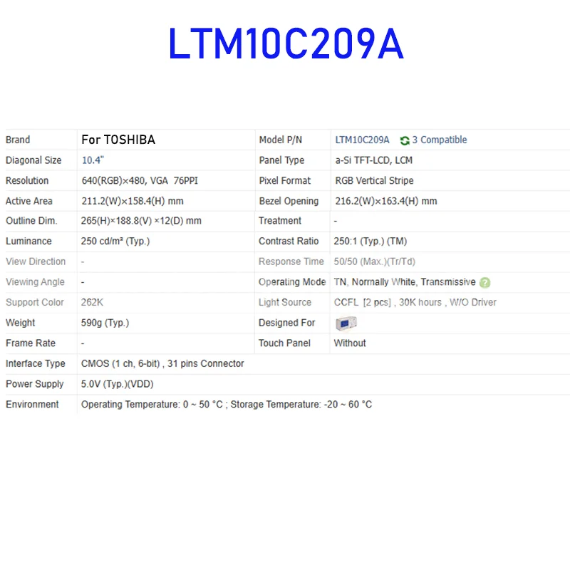 LTM10C209A 10.4 Inch LCD Display Screen Panel Original for Toshiba 31 Pins Connector Brand New and Fast Shipping 100% Tested