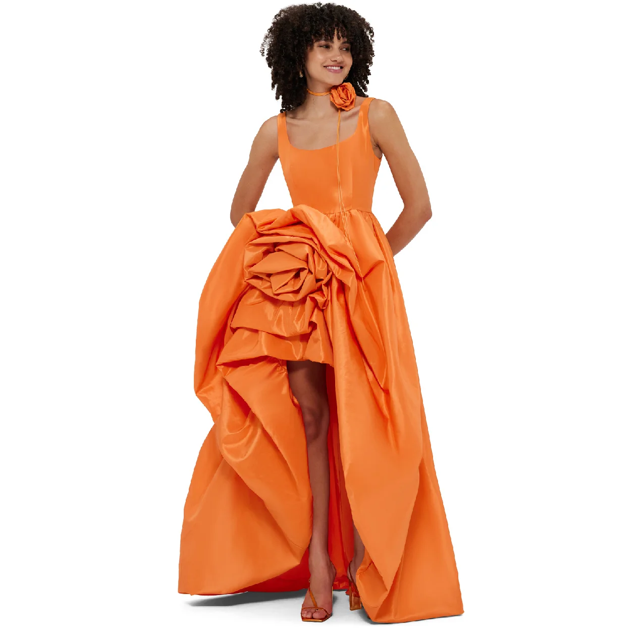 Bafftafe Orange Taffeta Long Prom Dresses Customized Square Collar 3D Flowers Slit Evening Gowns Special Occasion Party Dress