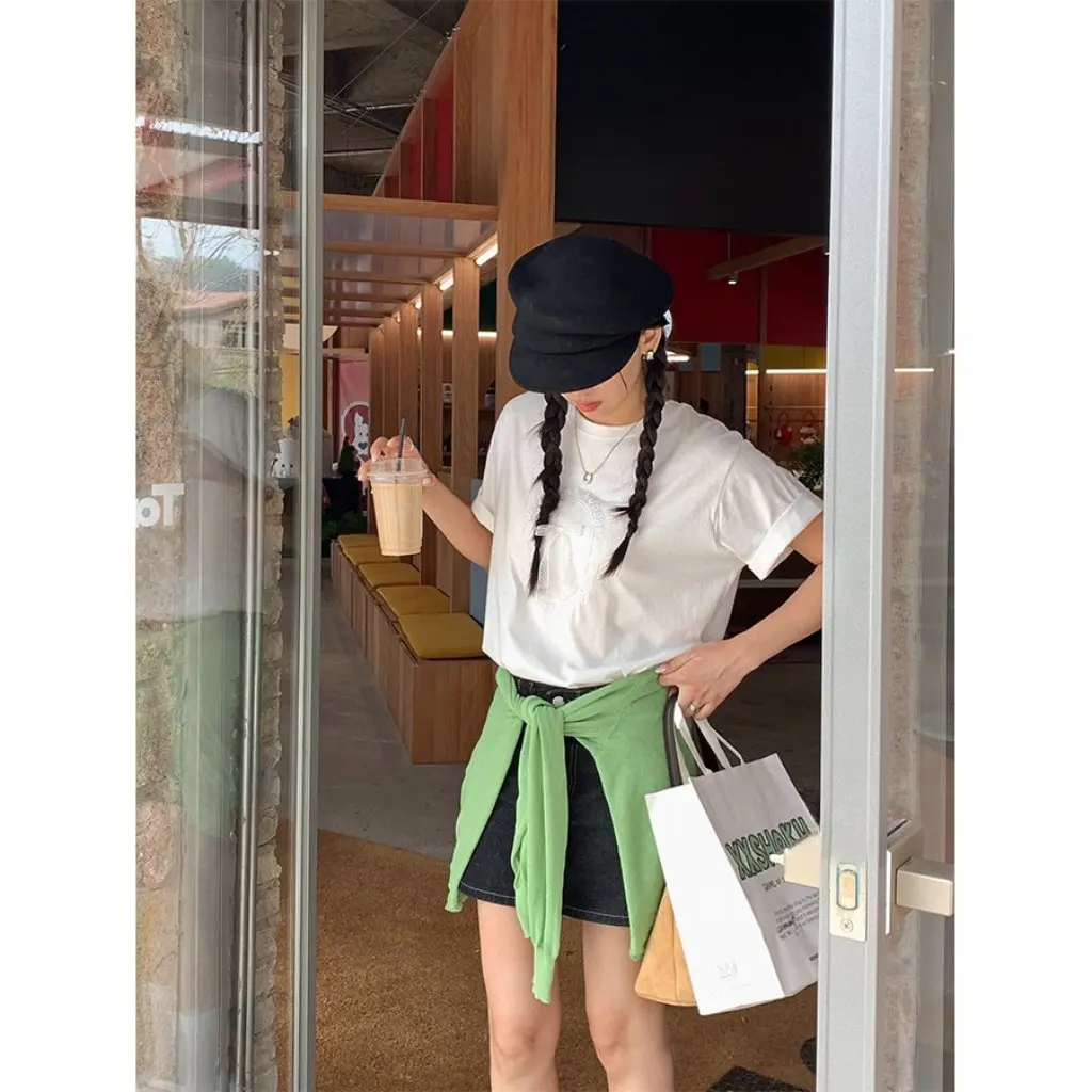 

Women's Summer Casual round Neck Short-Sleeved T-shirt Letter Embroidery Loose Fit All-match Huang Zheng Bow Style Sweet