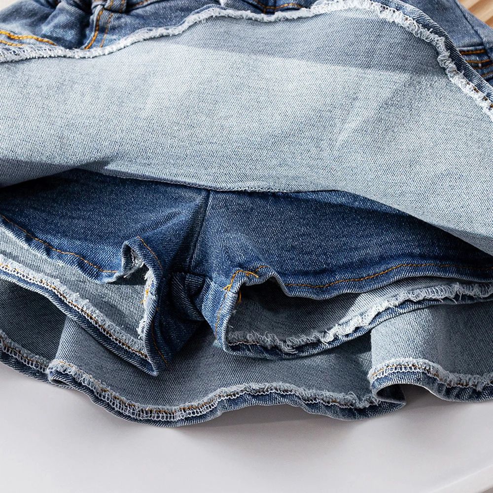 Herbstliche Mädchen-Jeans-Tutu-Röcke, süße, doppellagige Rüschen, hochtaillierter Jeansrock, kurze Röcke, Mini-Plisseeröcke, für Kinder von 2 bis 12 Jahren. – Detail 4