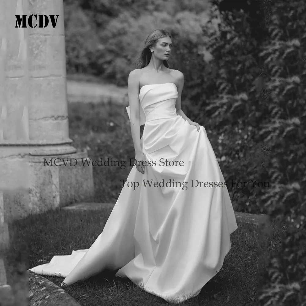 MCDV robes De mariée sans bretelles pour femmes mariée avec nœud dos nu Satin bouton dos plissé Robe De Mariée personnalisé personnalisé