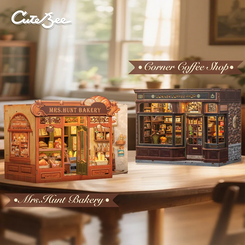 CUTEBEE Book Nook Kit 3D DIY Dollhouse with LED Light Bookshelf Insert Street Shop Series Miniature Model For Home Party Decor