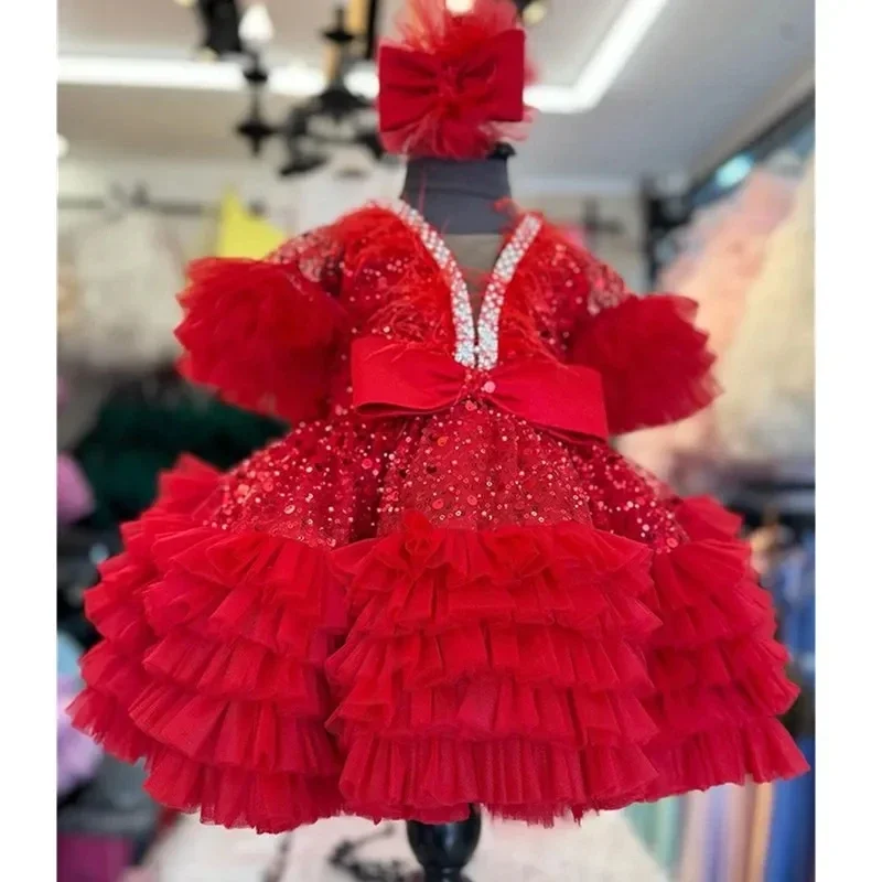 

Feathers Sequin Flower Girl Dresses red Ball Gown Birthday Party Dress for Girls Tiered Puff Glitter Kids Pageant Gown