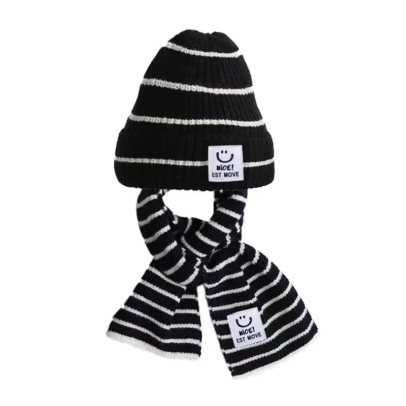 Korean Chic Kids Beanie Scarf Set for Boy Girl Black White Color Striped Scarf Crochet Bonnet Set Autumn Winter Warm Knitted Hat