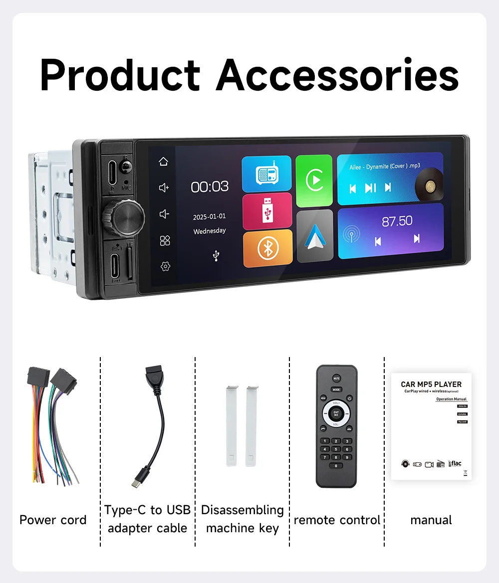 

6,28-дюймовая беспроводная автомобильная магнитола 1DIN с HD сенсорным экраном, усилителем, Carplay, Android Auto, видеоплеером, функцией Mirroring и поддержкой камеры заднего вида